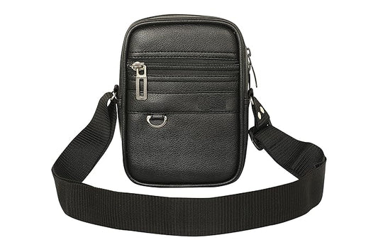 Black faux leather small sling bag for men-kameeezstudio
