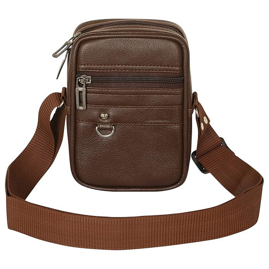 Brown faux leather small sling bag for men-kameeezstudio